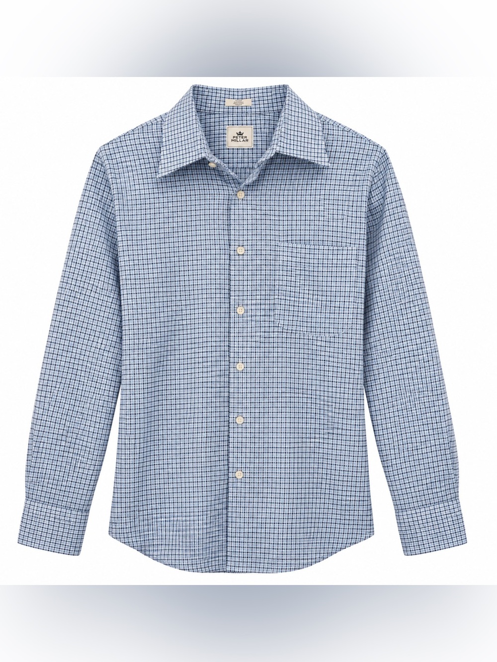 Peter Millar Mens Large Blue White Check Plaid 100% Cotton Long Sleeve Shirt